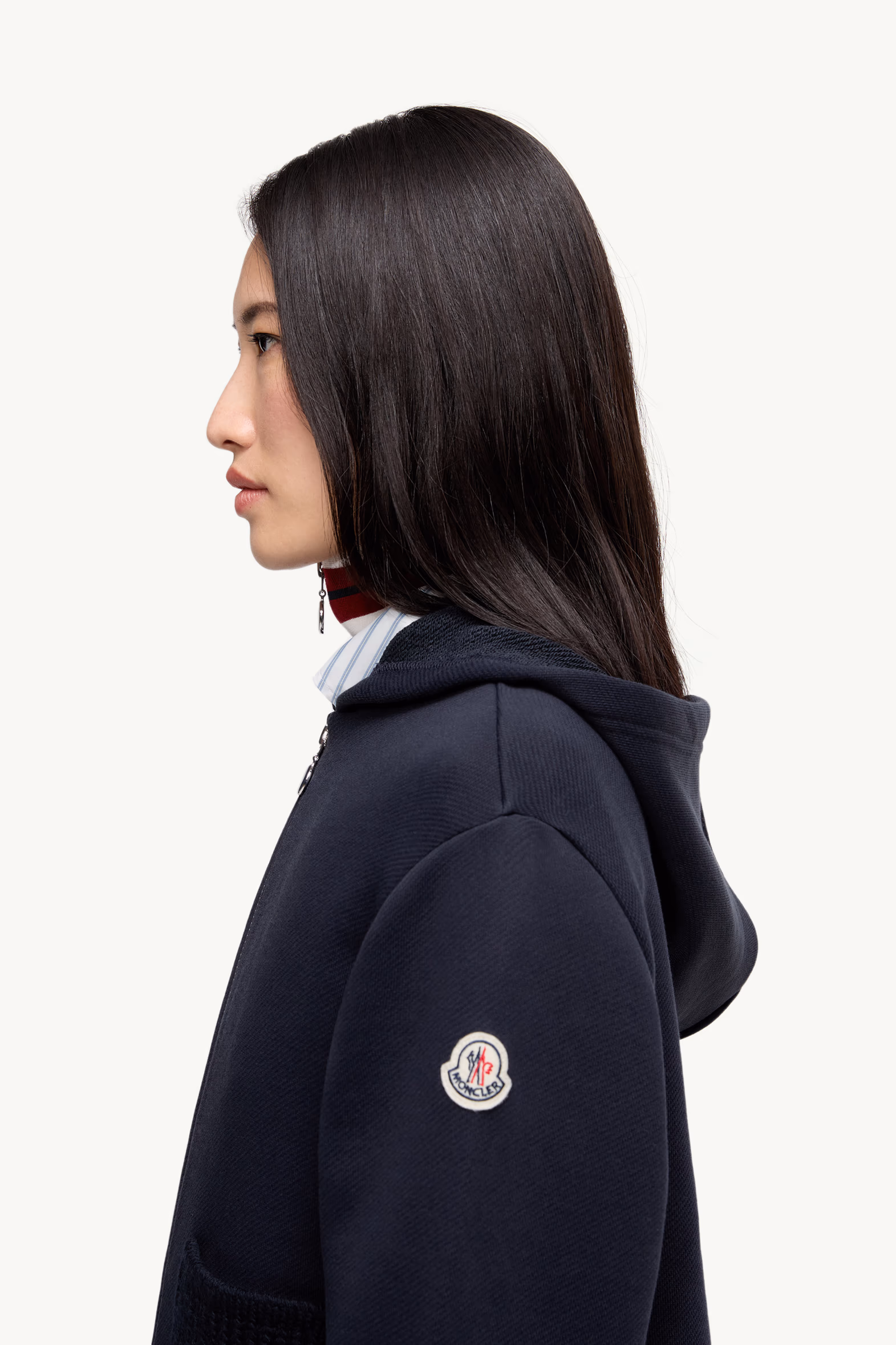 Sweat à capuche zippé en coton avec détails en maille Femmes Bleu marine Moncler 4